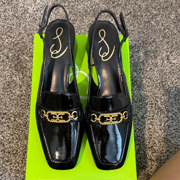 Sam Edelman Teana Black Patent Slingback Loafers with Gold Chain - Picture 2 of 4